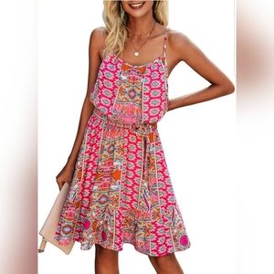 Summer Spaghetti Strap Dresses Floral Print Crewne